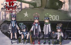 5girls absurdly_long_hair absurdres animal_ear_headwear animal_ears aris_(blue_archive) black_footwear black_hair black_pants black_skirt black_socks black_thighhighs blonde_hair blue_archive blue_eyes blue_necktie boots cat_tail collared_shirt dsfr fake_animal_ears game_development_department_(blue_archive) green_eyes green_halo halo highres jacket kei_(blue_archive) long_hair long_sleeves looking_at_viewer m4_sherman m4a3e8 midori_(blue_archive) military_vehicle momoi_(blue_archive) motor_vehicle multiple_girls necktie open_clothes open_jacket open_mouth orange_boots orange_halo pants pink_halo pleated_skirt purple_eyes red_eyes red_footwear red_hair shirt short_hair siblings sisters skirt socks tail tank thighhighs twins two-sided_fabric two-sided_jacket very_long_hair war_thunder white_footwear white_jacket white_shirt yuzu_(blue_archive)