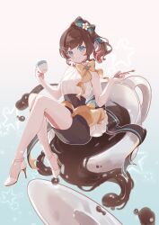 artist_request blue_eyes blush bow breasts brown_hair character_name coffee cup dress full_body hair_bow hana_macchia high_heels high_ponytail highres holding holding_cup holding_spoon nijisanji nijisanji_id pencil_skirt ponytail second-party_source skirt sleeveless sleeveless_dress small_breasts smile spoon virtual_youtuber