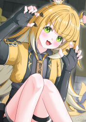 Rule 34 | 1girl, absurdres, animal ear fluff, animal ears, black gloves, black shirt, blonde hair, blunt bangs, blush, breasts, claw pose, collared shirt, cropped jacket, fang, fingerless gloves, gamel 120, gloves, green eyes, high-waist shorts, highres, jacket, ju fufu, knees together feet apart, long hair, looking at viewer, multicolored hair, open mouth, shirt, shorts, smile, solo, striped hair, tail, thigh strap, tiger ears, tiger girl, tiger stripes, tiger tail, two-tone hair, yellow jacket, zenless zone zero