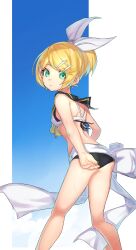 1girl absurdres adjusting_clothes adjusting_swimsuit bikini blonde_hair bow breasts closed_mouth feet_out_of_frame green_eyes hair_bow hair_ornament hairclip highres kagamine_rin looking_at_viewer looking_back ponytail sailor_collar sho_bu_1116 short_hair short_ponytail small_breasts solo standing swimsuit vocaloid wedgie wet