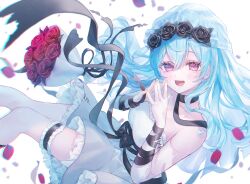 1girl :d bare_shoulders black_choker black_flower black_rose blue_hair bouquet choker collarbone commentary_request detached_sleeves dress feet_out_of_frame flower frilled_dress frilled_thigh_strap frills fuyu_(xxfylia) grey_dress hair_between_eyes highres kaifu_naru knees_together_feet_apart long_hair long_sleeves looking_at_viewer open_mouth petals red_eyes red_flower red_rose rose rose_petals simple_background smile solo station_memories steepled_fingers strapless strapless_dress thigh_strap veil very_long_hair wedding_dress white_background white_sleeves