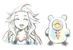 Rule 34 | 1girl, ahoge, ai the somnium files, aiba (ai the somnium files), blush, closed eyes, dress, eyeball, facial mark, gebodyabo, hair slicked back, hamster, highres, long sleeves, multicolored hair, multiple views, open mouth, red hair, simple background, smile, streaked hair, white background, white dress