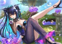 Rule 34 | ass, asymmetrical clothes, black hair, black shoes, blowing bubbles, blue flower, blue hair, blue leotard, blue sky, breasts, bubble wand, character request, commentary request, cone hair bun, covered navel, day, flower, goddess of victory: nikke, hair bun, hair intakes, high heels, highres, holding, horns, knees together feet apart, leg up, leotard, little mermaid (nikke), long hair, medium breasts, multicolored hair, outdoors, red flower, shoes, single pantsleg, sky, strapless, strapless leotard, sunameri (pixiv3564245), sunflower, tree, two-tone hair, very long hair, yellow flower