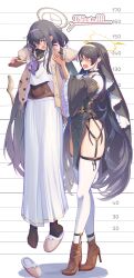 +_+ 2girls absurdres ankle_boots black_dress black_hair blue_archive blush bodystocking book boots brown_boots brown_cardigan brown_halo cardigan coif commentary_request dress eyewear_strap garter_straps glasses hair_between_eyes hairband halo height height_chart high_heel_boots high_heels highres hinata_(blue_archive) holding holding_book jewelry lifting_person long_hair long_skirt long_sleeves looking_at_another multiple_girls navel neckerchief necklace nun open_cardigan open_clothes open_mouth panties pelvic_curtain pleated_skirt puffy_long_sleeves puffy_sleeves purple_eyes purple_hairband purple_neckerchief red_eyes round_eyewear sailor_collar school_uniform serafuku shirt shoe_loss skirt slippers small_sweatdrop standing syafa thighhighs ui_(blue_archive) underwear v-shaped_eyebrows very_long_hair white_sailor_collar white_serafuku white_shirt white_skirt white_thighhighs winged_halo yellow-framed_eyewear yellow_halo