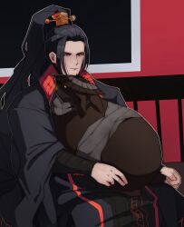 1boy 1other :| animal animal_on_lap black_eyes black_hair black_hanfu chinese_clothes closed_mouth curtained_hair expressionless grey_scarf hair_ornament hands_on_legs hanfu hat high_ponytail highres holding holding_animal jia_qiu_(project_moon) limbus_company long_hair looking_at_viewer male_focus on_lap one_eye_covered one_more_merc ponytail project_moon rabbit red_scarf scar scar_on_face scarf sitting straw_hat upper_body veins very_long_hair yellow_eyes zilu_(project_moon)