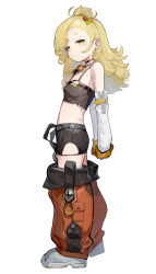 Rule 34 | 1girl, absurdres, black shorts, blonde hair, closed mouth, full body, green eyes, highres, long hair, looking at viewer, midriff, orange pants, pants, piper wheel, shoes, shorts, simple background, solo, somray, standing, white background, white shoes, white sleeves, zenless zone zero