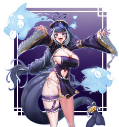 1girl absurdres ahoge alternate_costume bell between_breasts bikini black_hair breasts cetacean_tail character_name facial_mark fingernails fins fish_tail frilled_thigh_strap ghost hat heart heart_ahoge highres huge_breasts indie_virtual_youtuber jiangshi_costume long_fingernails long_hair looking_at_viewer multicolored_hair ofuda ofuda_on_head open_mouth orca_girl pellpt purple_eyes purple_nails purple_shrug qingdai_guanmao shrimp shylily solo streaked_hair swimsuit tail tail_bell tail_ornament thigh_strap tongue tongue_out very_long_hair virtual_youtuber white_bikini white_hair
