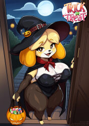1girl :d absurdres animal_crossing animal_ears animal_nose black_cape black_hat black_pantyhose breasts bridal_gauntlets brown_eyes candy cape cleavage dog dog_ears dog_girl doorway female_focus food full_moon furry furry_female halloween halloween_bucket halloween_costume hat highres holding huge_breasts isabelle_(animal_crossing) kogeikun looking_at_viewer moon night nintendo open_mouth pantyhose smile solo solo_focus standing trick_or_treat witch_hat