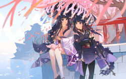2girls architecture bare_legs black_thighhighs blue_sky blunt_bangs blurry braid brick_wall bridal_gauntlets cherry_blossoms closed_mouth cloud cloudy_sky commentary depth_of_field drum_(container) east_asian_architecture english_commentary engulfing_lightning_(genshin_impact) falling_petals flower genshin_impact hair_ornament hair_ribbon highres holding holding_polearm holding_umbrella holding_weapon japanese_clothes kimono light_blush long_braid long_hair long_sleeves looking_to_the_side looking_up low-tied_long_hair makoto_(genshin_impact) milkurew multiple_girls neck_ribbon no_mole official_alternate_costume open_mouth outdoors petals pink_fur pink_petals polearm purple_eyes purple_hair purple_kimono purple_ribbon raiden_shogun red_ribbon red_sash ribbon sash shade shadow siblings single_braid sisters sitting sky socks sunlight thighhighs tree twins umbrella weapon white_socks wide_sleeves wind wisteria yae_miko yae_miko_(fox)