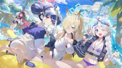 4girls ahoge animal_ears bikini blonde_hair blue_archive blue_eyes blush breasts collarbone commentary_request dog_ears double_bun fubuki_(blue_archive) fubuki_(swimsuit)_(blue_archive) grey_hair grin hair_bun hair_ornament halo helmet high_ponytail jacket kanna_(blue_archive) kanna_(swimsuit)_(blue_archive) kirino_(blue_archive) kirino_(swimsuit)_(blue_archive) large_breasts long_hair multiple_girls official_alternate_costume official_alternate_hairstyle official_art one_eye_closed open_mouth outdoors ponytail pool rabu_(blue_archive) rabu_(swimsuit)_(blue_archive) ramuri sky smile swimsuit teeth tree water