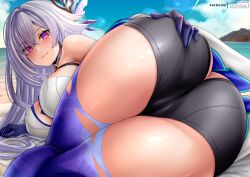 1girl ass ass_focus blue_sky blush breasts butt_crack cameltoe commentary curvy day english_commentary from_behind genshin_impact grabbing_own_ass hair_ornament hand_on_another&#039;s_ass large_breasts long_hair looking_at_viewer oniilus outdoors paid_reward_available patreon_username pink_eyes prosthesis prosthetic_arm prosthetic_leg skirk_(genshin_impact) sky solo thighs variant_set white_hair