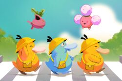 Rule 34 | alternate color, blue skin, closed eyes, clothed pokemon, cloud, colored skin, crosswalk, day, from side, gen 1 pokemon, gen 2 pokemon, hat, highres, jumpluff, nintendo, no humans, outdoors, pink skin, pokemon, pokemon (creature), psyduck, school hat, shiny pokemon, skiploom, yellow hat, yellow skin, yo xeph