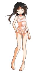 1girl alphes_(style) alternate_costume bare_arms bare_legs bare_shoulders barefoot black_hair breasts casual_one-piece_swimsuit closed_eyes collarbone commentary_request dairi facing_viewer full_body hair_up hakurei_reimu hand_on_own_hip legs_apart medium_breasts no_hair_bow no_hair_ornament one-piece_swimsuit open_mouth parody polka_dot polka_dot_swimsuit ponytail silent_sinner_in_blue smile solo standing style_parody swimsuit tachi-e touhou touhou_bougetsushou transparent_background white_one-piece_swimsuit