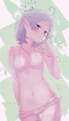 1girl ahoge arm_behind_back blush bow bow_panties bra breasts closed_mouth collarbone commentary cowboy_shot crown elf finger_to_mouth frilled_panties frills hand_up head_tilt heart highres multi-strapped_panties mushoku_tensei navel ne_ko_ko panties pointy_ears red_eyes short_hair small_breasts solo string_bra string_panties sylphiette_(mushoku_tensei) symbol-only_commentary thigh_gap thighhighs twitter_username underwear white_bra white_hair white_panties white_thighhighs