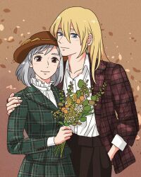 Rule 34 | 1boy, 1girl, arm around shoulder, blonde hair, blue eyes, brown background, brown eyes, brown jacket, commentary request, earrings, flower, green jacket, grey hair, hand in pocket, hat, highres, holding, holding flower, howl (howl no ugoku shiro), howl no ugoku shiro, jacket, jewelry, long hair, medium hair, plaid clothes, rikaco1988, shirt, sophie (howl no ugoku shiro), white shirt