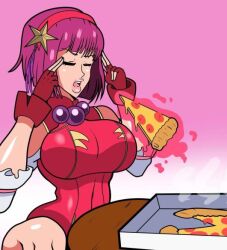 asamiya_athena breasts fingerless_gloves food gloves hair_ornament pizza pizza_box pizza_slice psychic_powers psycho_soldier purple_hair short_hair snk star_(symbol) star_hair_ornament telekinesis telepathy the_king_of_fighters the_king_of_fighters_xv