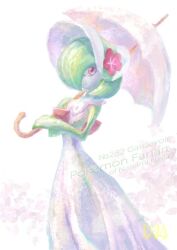 bob_cut bonnet character_name colored_skin creatures_(company) dress flower game_freak gardevoir gardevoir_(fashionable) gen_3_pokemon green_hair green_skin hat hat_flower holding holding_umbrella looking_at_viewer multicolored_skin nanami_lusia nintendo parasol pink_eyes pink_flower pokemon pokemon_(creature) pokemon_unite smile two-tone_skin umbrella white_dress white_hat white_skin