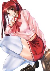 1girl absurdres bag breasts brown_bag brown_eyes brown_shoes closed_mouth cronose_sama finger_to_mouth highres holding holding_bag kousaka_tamaki loafers long_hair medium_breasts pink_shirt red_hair red_sailor_collar red_skirt sailor_collar shirt shoes skirt smile solo thighhighs to_heart_(series) to_heart_2 twintails white_thighhighs zettai_ryouiki