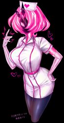 1girl alternate_costume belt breasts cropped_legs duel_monster enmo_takeshita hair_over_one_eye hand_on_own_hip hand_up hat highres large_breasts medium_hair nurse nurse_cap pantyhose pink_eyes pink_hair short_hair short_sleeves solo spright_carrot yu-gi-oh!