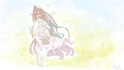 Rule 34 | 1girl, absurdly long hair, absurdres, animal, animal on head, barefoot, basket, bird, bird on head, brown eyes, commentary, dated, day, english commentary, flower, hair between eyes, highres, holding, holding basket, long hair, long hair between eyes, looking at viewer, on head, outdoors, rnna, sense (sousou no frieren), signature, solo, sousou no frieren, very long hair