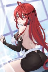 1girl ahoge armpit_crease ass back black_skirt blue_fire breasts closed_mouth commentary curtains day elizabeth_rose_bloodflame english_commentary fire highres hololive hololive_english huge_ahoge indoors large_breasts long_hair looking_at_viewer looking_back median_furrow red_eyes red_hair sitting skirt solo ten-chan_(eternal_s) virtual_youtuber window