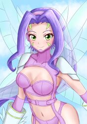 1girl arm_warmers belt blue_sky breasts butterfly_hair_ornament butterfly_wings cleavage closed_mouth cloud commentary_request covered_collarbone cowboy_shot crossed_bangs day digimon digimon_(creature) digimon_frontier elbow_gloves facial_mark fairimon garter_straps gloves green_eyes grey_gloves hair_ornament hairband highres insect_wings large_breasts long_hair looking_at_viewer navel no_mask purple_belt purple_hair purple_hairband shoulder_pads sky smile solo stomach strapless wings withlike