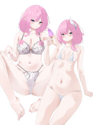 Rule 34 | absurdres, barefoot, bikini, blue eyes, bra, breasts, cleavage, color connection, commentary, company connection, cyrene (honkai: star rail), elf, elysia (honkai impact), feet, hair color connection, hair ornament, highres, holding, holding quill, honkai: star rail, honkai (series), honkai impact 3rd, inoue marina, large breasts, meaowtakhe, medium hair, multicolored hair, navel, panties, pink hair, pointy ears, quill, simple background, small breasts, stomach, swimsuit, toes, two-tone hair, underwear, voice actor connection, white background, white bikini, white bra, white hair, white panties, yanning