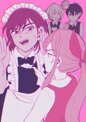 1girl 3boys alternate_costume alternate_hairstyle alternate_sleeve_length antenna_hair aubrey_(faraway)_(omori) aubrey_(omori) basil_(faraway)_(omori) basil_(omori) black_bow black_bowtie black_hair black_sweater_vest blonde_hair blush bow bowtie bright_pupils brown_eyes brown_hair closed_mouth collared_shirt cup ear_piercing enmaided highres holding holding_cup kel_(faraway)_(omori) kel_(omori) long_sleeves looking_at_another maid maid_headdress msdnno_kabe multiple_boys omori open_mouth orange_joe_(omori) piercing pink_background pink_ribbon pink_theme ribbon shirt short_hair short_sleeves simple_background speech_bubble sunny_(omori) sweatdrop sweater_vest teeth upper_teeth_only white_pupils white_shirt