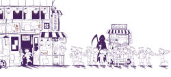 &gt;_&lt; 6+others :d angel angel_wings avogado6 barefoot child cloak commentary cup disposable_cup drinking_straw food from_side halo highres holding holding_scythe hood hooded_cloak long_image long_sleeves looking_at_viewer looking_to_the_side multiple_others open_mouth original popcorn purple_theme queue scythe simple_background smile standing translation_request vending_cart walking waving white_background wide_image wings