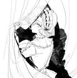 1girl absurdres blanket curtain_grab curtains from_behind greyscale hair_over_one_eye hand_up highres holding holding_blanket looking_at_viewer looking_back maid maid_headdress monochrome one_eye_covered reverse:1999 see-through_curtains short_hair solo swaddled tuesday_(reverse:1999) upper_body walluka