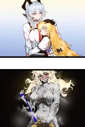 Rule 34 | 2girls, abs, absurdres, atzza a, black choker, black gloves, blonde hair, blush, bottomless, breasts, choker, closed eyes, closed mouth, collared shirt, commentary, english commentary, gloves, grey hair, hand in another&#039;s hair, hand on another&#039;s head, highres, holding, holding leash, implied cunnilingus, large breasts, leash, long hair, mixed-language commentary, mole, mole under eye, multiple girls, necktie, parted lips, phoebe (wuthering waves), red necktie, shirt, smile, sweat, torn clothes, torn shirt, white shirt, wuthering waves, yuri, zani (wuthering waves)