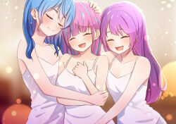 3girls blue_hair breasts cleavage closed_eyes commentary dress english_commentary hair_down highres hololive hoshimachi_suisei hug large_breasts long_hair minato_aqua multicolored_hair multiple_girls open_mouth pink_hair purple_hair small_breasts smile snkagawa startend_(hololive) streaked_hair tokoyami_towa two-tone_hair virtual_youtuber white_dress