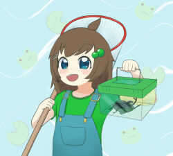 1girl blue_eyes brown_hair bug dekodere freckles highres holding_net indie_virtual_youtuber lily_hopkins net open_mouth overalls rhinoceros_beetle smile virtual_youtuber