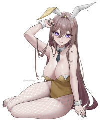 1girl blue_eyes breasts brown_hair cleavage detached_collar earrings english_text expulse fishnet_pantyhose fishnets highres jewelry leotard nail_polish nana_(kurisustinah) necktie pantyhose playboy_bunny rabbit_ears solo toes wrist_cuffs yellow_leotard