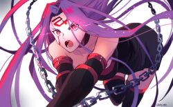 Rule 34 | 1girl, artist name, attack, black dress, black gloves, black thighhighs, blood, blood on face, breasts, chain, commentary request, dress, facial mark, fate/stay night, fate (series), forehead mark, gloves, glowing, glowing eyes, hally, heaven&#039;s feel, highres, large breasts, long hair, medusa (fate), medusa (rider) (fate), nameless dagger (fate), open mouth, purple eyes, purple hair, serious, solo, square pupils, thighhighs, white background