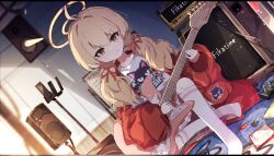 1girl ahoge animal_print blonde_hair blue_archive blush cat_print chamoraile closed_mouth electric_guitar guitar hair_ribbon highres holding holding_guitar holding_instrument indoors instrument jacket kneehighs long_hair looking_at_viewer low_twintails music official_alternate_costume official_alternate_hairstyle on_floor pink_skirt plaid_clothes plaid_skirt playing_instrument pleated_skirt red_jacket red_ribbon ribbon shirt sidelocks sitting skirt smile socks solo twintails very_long_hair white_shirt white_socks yellow_eyes yoshimi_(band)_(blue_archive) yoshimi_(blue_archive)