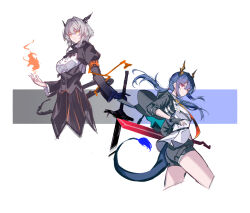 2girls arknights black_gloves black_shorts black_skirt blue_hair breasts ch&#039;en_(arknights) commentary dragon_horns english_commentary fire gloves grey_hair hair_intakes highres horns juliet_sleeves long_sleeves medium_breasts multiple_girls puffy_sleeves red_eyes shirt short_shorts shorts siblings sisters skirt sparks_summer talulah_(arknights) thighs white_background white_shirt