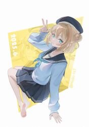 1girl aqua_eyes aqua_neckerchief artist_name barefoot beret blue_hat blue_sailor_collar blue_skirt blush brown_hair closed_mouth commentary_request dated full_body hair_bun hat hibiki-147 highres long_sleeves looking_at_viewer neckerchief original pleated_skirt redrawn sailor_collar sailor_shirt school_uniform serafuku shirt short_hair skirt soles solo summer_uniform w white_shirt zoom_layer