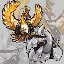 animal_focus bird character_print closed_mouth clothed_pokemon creatures_(company) game_freak gen_2_pokemon grey_background hashtag-only_commentary ho-oh jacket legendary_pokemon lugia nintendo no_humans open_clothes open_jacket open_mouth pokemon pokemon_(creature) sagemaru-br signature tongue watermark zoom_layer