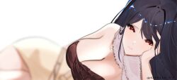 1girl black_hair breasts cleavage hand_on_own_face long_hair looking_at_viewer lying red_eyes scarf solo