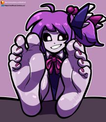 Rule 34 | 1girl, barefoot, black sclera, colored sclera, colored skin, feet, foot focus, grin, highres, looking at viewer, musume (yuunama), nail polish, purple hair, purple skin, reathroch, smile, soles, solo, toenail polish, toenails, toes, yuusha no kuse ni namaiki da