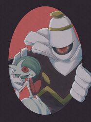 bob_cut colored_skin denmofumofu dusknoir gardevoir gen_3_pokemon gen_4_pokemon ghost green_hair hair_over_one_eye highres looking_at_viewer mega_gardevoir mega_pokemon nintendo one-eyed pokemon pokemon_(creature) red_eyes white_skin