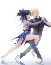 1boy 1girl ass black_hair blonde_hair blue_eyes cloud_strife couple dancing dress earrings final_fantasy final_fantasy_vii final_fantasy_vii_remake formal_clothes full_body hand_on_another&#039;s_back high_heels highres holding_hands jewelry legs long_hair looking_at_another necktie red_eyes reflective_floor shoes short_dress spiked_hair spykeee square_enix suit tifa_lockhart twitter_username