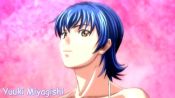 1girl animated anime_screenshot ass blue_hair breasts denim denim_shorts discipline:_the_record_of_a_crusade indoors interior looking_at_viewer miyagishi_yuuki panties shirt short_hair shorts sound striped_clothes striped_panties tagme tank_top underwear undressing video yellow_eyes yellow_tank_top