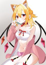 1girl animal_ear_fluff animal_ears bare_shoulders blonde_hair breasts cat_ears cleavage cleavage_cutout clothing_cutout cowboy_shot flandre_scarlet garter_straps grey_background hair_bun iris_(airisu495) jacket medium_breasts off_shoulder open_clothes open_jacket pink_jacket red_eyes simple_background sitting solo strapless touhou tube_top white_tube_top