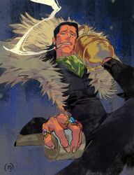 1boy arm_up ascot black_hair black_pants black_vest cigar commentary crocodile_(one_piece) crossed_legs feet_out_of_frame green_ascot hair_slicked_back highres hook_hand jewelry long_sleeves looking_to_the_side male_focus multiple_rings one_piece pants ring scar scar_on_face sitting siyangou49 smoke smoke_trail smoking solo teeth vest white_fur