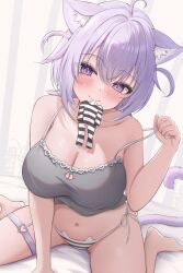 1girl 7nopi absurdres ahoge animal_ears bare_shoulders barefoot belt blush breasts cat_cutout cat_ear_panties cat_ears cat_girl cat_tail cleavage cleavage_cutout closed_mouth clothing_cutout collarbone grey_nightgown heart heart_o-ring highres holding_strap hololive huge_breasts long_hair looking_at_viewer mouth_hold navel nekomata_okayu nightgown o-ring o-ring_belt onigirya_(nekomata_okayu) panties purple_belt purple_eyes purple_hair sitting smile solo stomach striped_clothes striped_panties tail thigh_belt thigh_strap thighs two_side_up underwear virtual_youtuber wariza white_panties