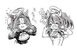 Rule 34 | 2girls, :3, ahoge, animal ears, bead bracelet, beads, blush, bracelet, breasts, closed eyes, daitaku helios (sunshine angel) (umamusume), daitaku helios (umamusume), double m/, dress, ear covers, fang, flying sweatdrops, greyscale, hair ornament, hairband, hairclip, halo, hands up, hat, highres, horse ears, jewelry, long sleeves, m/, mame nabe donko, medium breasts, medium hair, meisho doto (dot-o&#039;-lantern) (umamusume), meisho doto (umamusume), monochrome, multiple girls, necklace, open mouth, ponytail, small breasts, smile, traditional media, translation request, umamusume, upper body