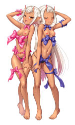 2girls bare_legs bare_shoulders barefoot blush blush_stickers breasts brown_eyes closed_eyes curvy dark-skinned_female dark_skin demon_girl female_focus full_body happy highres horns lilith-soft loli long_hair looking_at_viewer micro_panties multiple_girls naked_ribbon nipples official_alternate_costume oni_horns open_mouth panties pointy_ears ribbon seductive_smile shiny_skin short_hair siblings simple_background sisters small_breasts smile sophie_(taimanin_asagi) sweat taimanin_(series) taimanin_asagi take_your_pick thong twins underwear valentine very_long_hair white_background white_hair wide_hips yuphie_(taimanin_asagi) zol