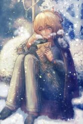 Rule 34 | blonde hair, blue eyes, bush, crumpled paper, crying, fur-trimmed jacket, fur trim, girls&#039; frontline, hair tie, highres, holding, holding letter, hospital gown, in tree, intravenous drip, jacket, jhands onpc, kalina (girls&#039; frontline), letter, ponytail, sitting, sitting in tree, snowflakes, snowing, tree